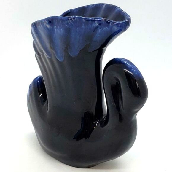 Small Vintage Blue Drip Glaze Art Pottery Swan Vase - Picture 2 of 10
